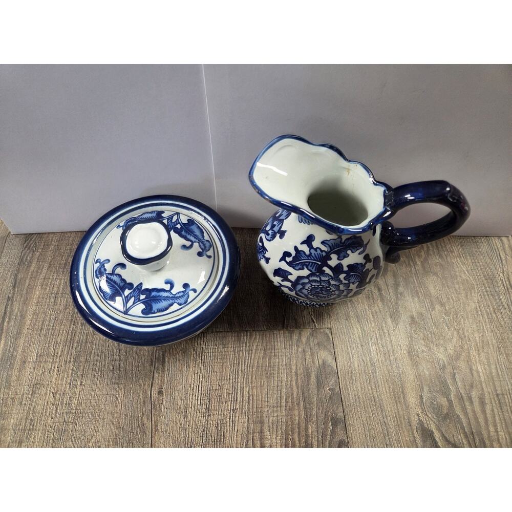 Vintage Bombay Company 6" Blue White Pitcher Ceramic Pottery + Bowl w/ Lid Set - Picture 2 of 12